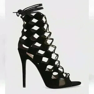 Pretty little Thing Chey Black Geometric Cut Out Lace Up Black Suede Heels